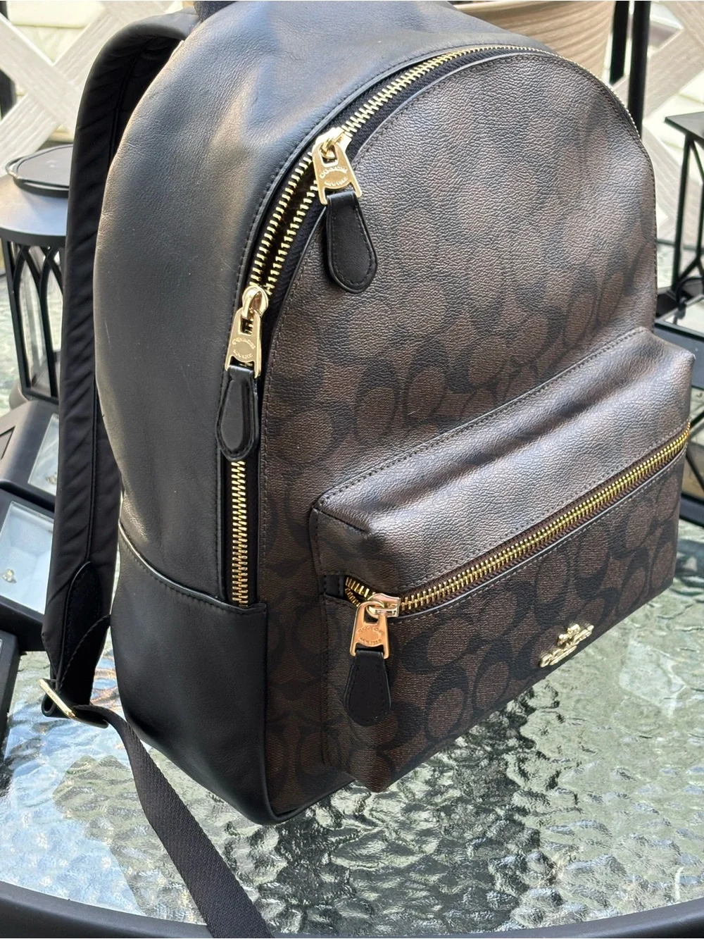 Coach Coated Canvas Signature Charlie Backpack brown canvas leather gold hardwar